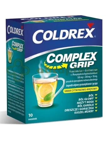 Coldrex Complex Grip, smak cytrynowo-miętowy, 10 saszetek z proszkiem do sporządzania roztworu doustnego