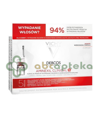 Vichy Dercos Aminexil Clinical 5, kuracja przeciw wypadaniu włosów dla kobiet, 6 ml, 21 ampułek