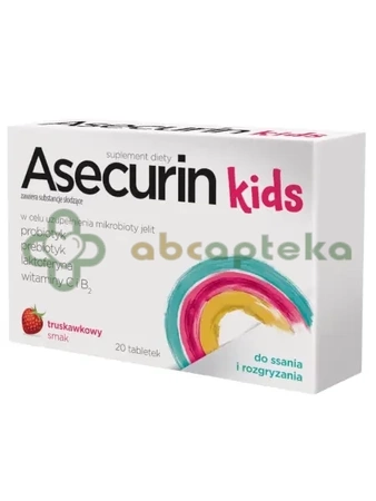 Asecurin Kids o smaku truskawkowym, 20 tabletek do rozgryzania i żucia
