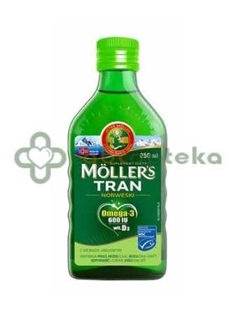 Moller's Tran Norweski powyżej 3 roku, aromat jabłkowy, 250 ml | DATA WAŻNOSCI 31.03.2025