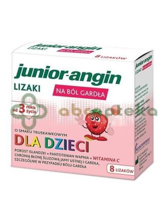 Junior-angin lizaki na ból gardła dla dzieci powyżej 3 roku życia smak truskawkowy, 8 sztuk