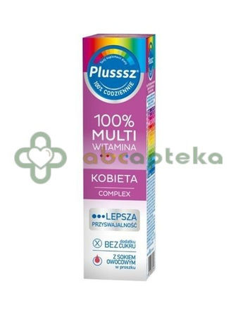 Plusssz 100% Multiwitamina Kobieta Complex, smak malina-pomarańcza, 20 tabletek musujących