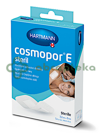 COSMOPOR E, opatrunek na rany pooperacyjne, samoprzylepny, jałowy, włókninowy, z warstwą chłonną, 7,2 cm x 5 cm, 5 sztuk