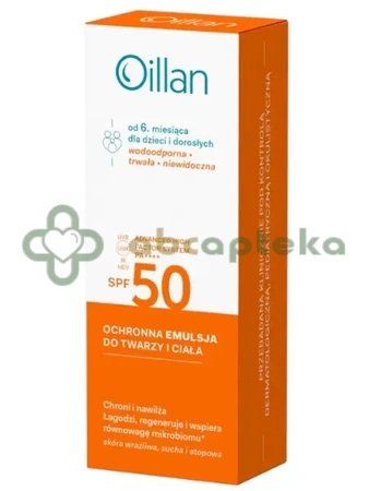 Oceanic Oillan Sun, Ochronna emulsja przeciwsłoneczna do twarzy i ciała z filtrem SPF50 do skóry wrażliwej, 100 ml