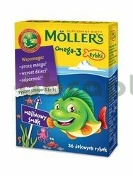 Tran Moller's Omega-3 Rybki, smak malinowy, 36 sztuk