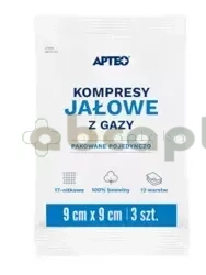 Kompresy jałowe z gazy Apteo, 9 cm x 9 cm, 3 sztuki 