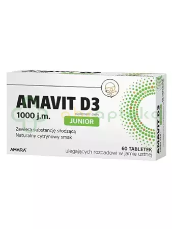 Amavit D3 Junior 1000 j.m., 60 tabletek ulegających rozpadowi w jamie ustnej, DATA WAŻNOŚCI 31.07.2024 