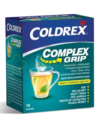 Coldrex Complex Grip, smak cytrynowo-miętowy, 10 saszetek z proszkiem do sporządzania roztworu doustnego