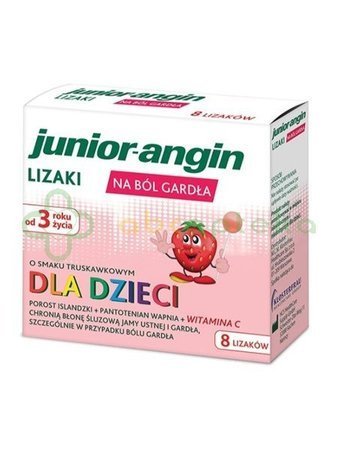 Junior-angin lizaki na ból gardła dla dzieci powyżej 3 roku życia smak truskawkowy, 8 sztuk
