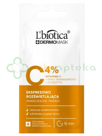 L'biotica, Dermomask, ekspresowo rozświetlająca maska z witaminą C, 8 ml