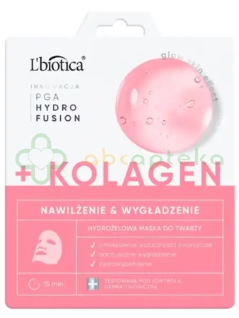 L'biotica PGA Hydro Fusion, Hydrożelowa maska do twarzy z kolagenem, nawilżenie i wygładzenie, 1 sztuka