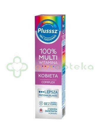 Plusssz 100% Multiwitamina Kobieta Complex, smak malina-pomarańcza, 20 tabletek musujących | DATA WAŻNOŚCI 07.11.2024