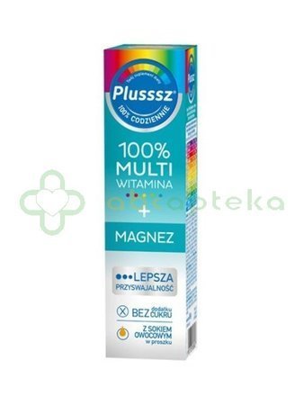 Plusssz 100% Multiwitamina + Magnez, smak mango-pomarańcza, 20 tabletek musujących